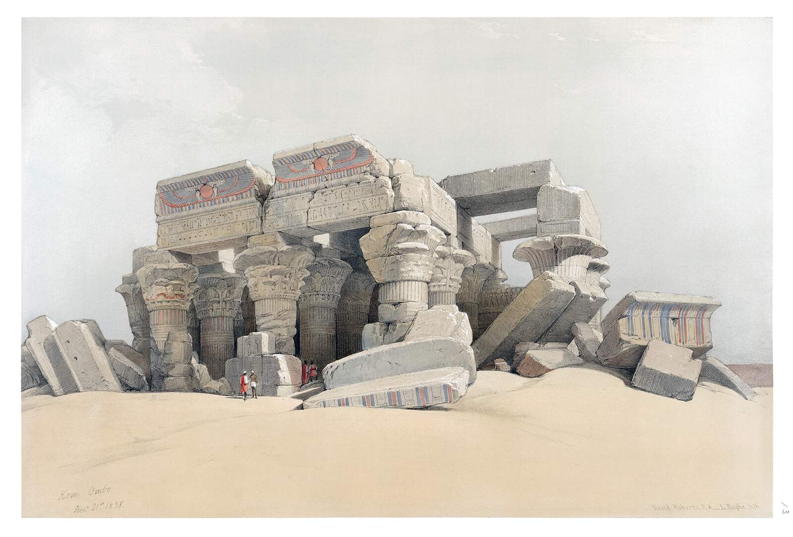 the image depicts a partially ruined ancient structure, likely part of karnak temple, luxor, egypt, under a bright sky. it features rows of large sandstone columns with floral capitals, topped by sections of architecture adorned with hieroglyphics and architectural reliefs. the structure is weathered and has sections that have fallen into debris on the surrounding desert floor. several people, possibly men, are seen near the base of the structure, dressed in long robes and hats. the scene suggests an archaeological site with the remains of ancient egyptian architecture.