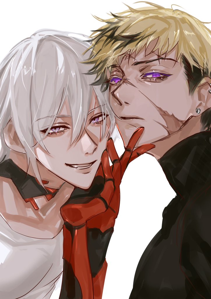 this is a digital illustration of two anime boys, one with white hair and the other with blond hair. they are looking at each other. the boy with white hair has a red arm and is smiling, while the boy with blond hair has a serious expression. they are both close to each other, suggesting a close relationship.
