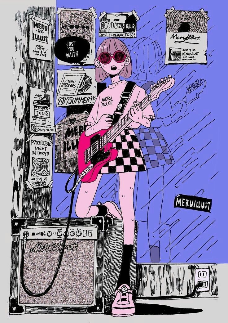the illustration depicts a young girl with pink hair and sunglasses playing an electric guitar plugged into an amplifier. she is dressed in a checkered skirt and a pink shirt with "meru illust" written on it.  the background is a purple wall adorned with various concert posters and flyers, adding to the vibe of a musicfilled alleyway or venue.  the style is reminiscent of anime or manga, with a bold, slightly distorted linework. the overall aesthetic is heavily influenced by 90s indie and punk rock culture. the artist's signature, "meruillust," is visible multiple times.
