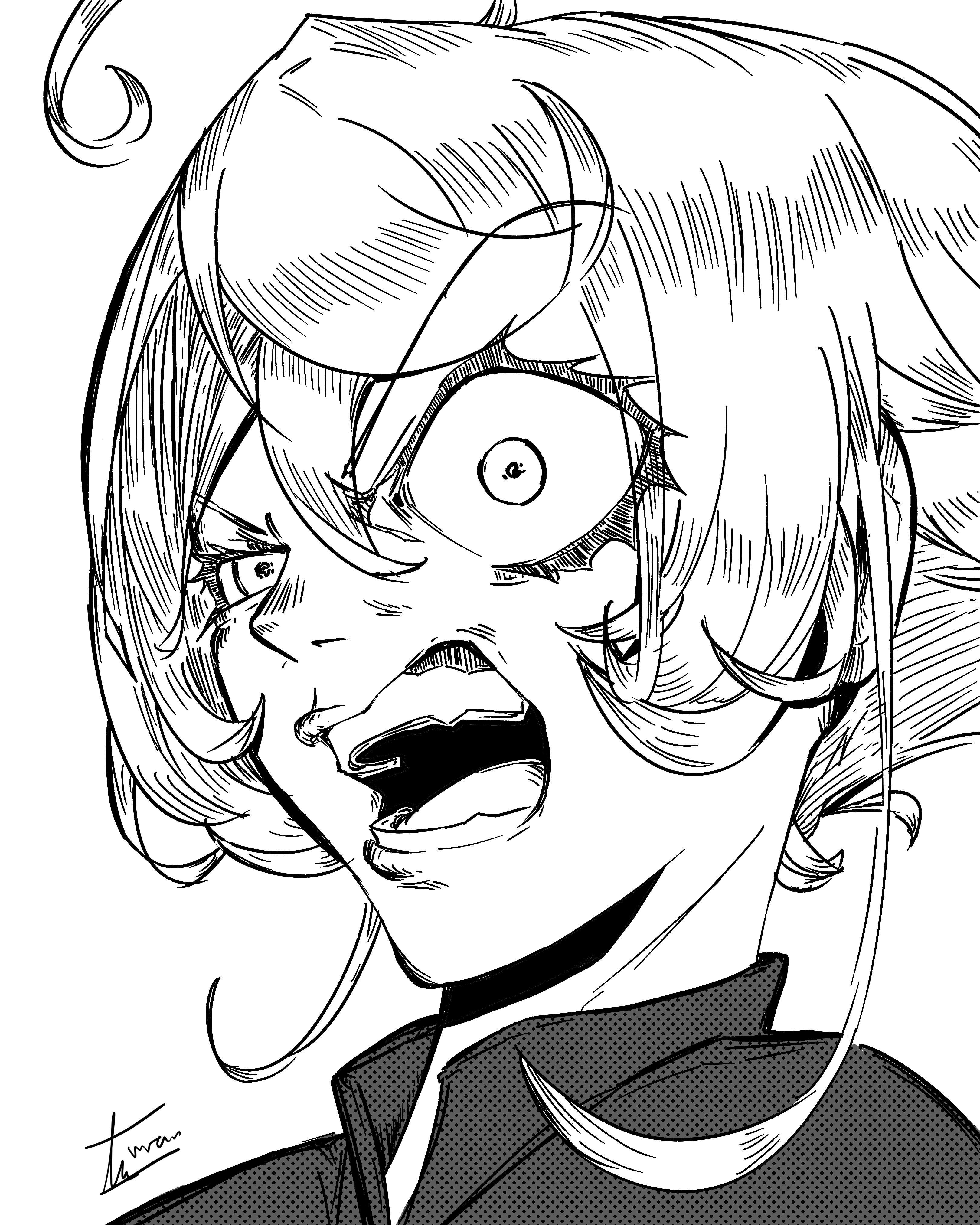 a black and white illustration of an anime girl with long, flowing hair. she is looking at the viewer with a shocked and frustrated expression, her mouth open in a scream. she appears to be in the middle of a dramatic moment.