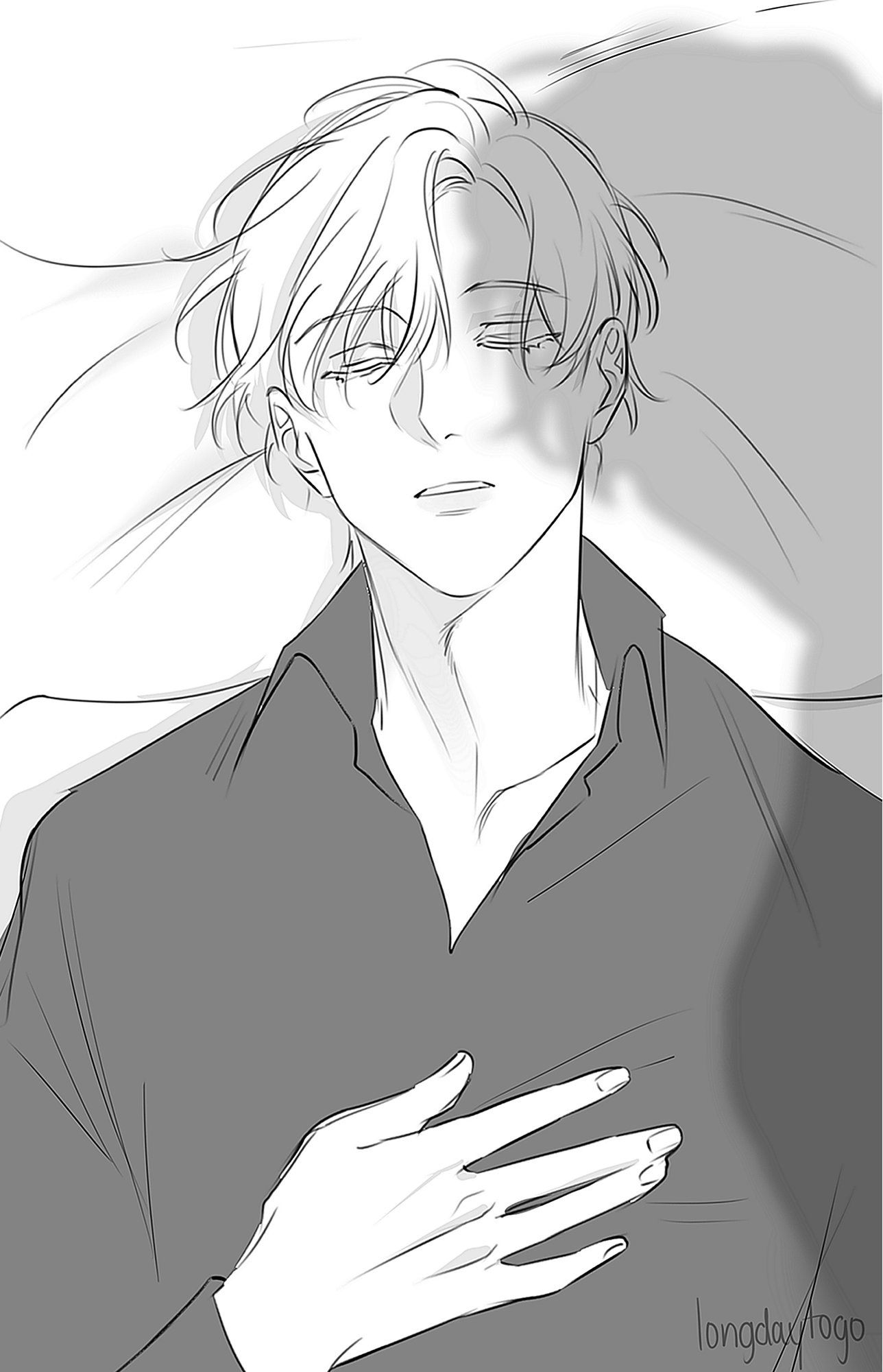 the image is a monochrome animestyle drawing of a young man with light hair lying asleep on a pillow. his hand rests gently on his chest. the style is soft and peaceful, with subtle shading and a calm overall mood. a shadow falls across part of his face and body. the artist's signature "longdaylogo" is visible in the bottom right corner.