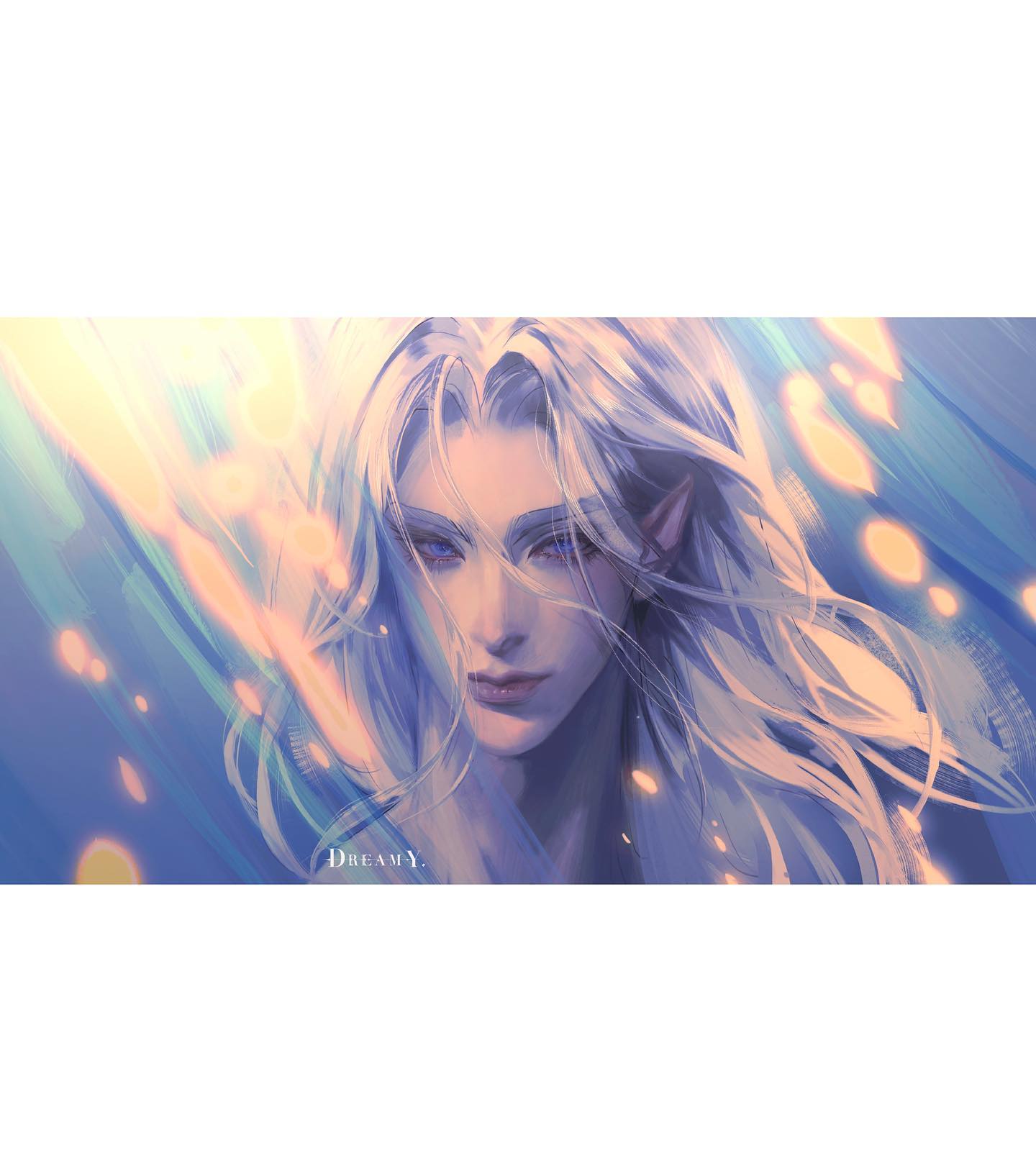 the image depicts a head and shoulders portrait of an androgynous elf with long, flowing white hair and pointed ears. their pale skin contrasts with their sharp, blue eyes, which stare directly at the viewer. the background is an abstract wash of blues, purples, and yellows, suggesting an ethereal or magical setting. small, glowing particles float around the elf, adding to the mystical atmosphere. the overall feel of the image is dreamy and otherworldly.