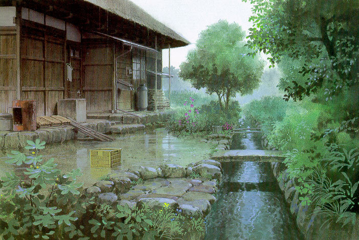 a serene scene of a traditional japanese house with a thatched roof, situated next to a flowing river. a small wooden bridge crosses the river, leading to a lush green garden. the environment is tranquil and peaceful, with soft lighting and an abundance of greenery.