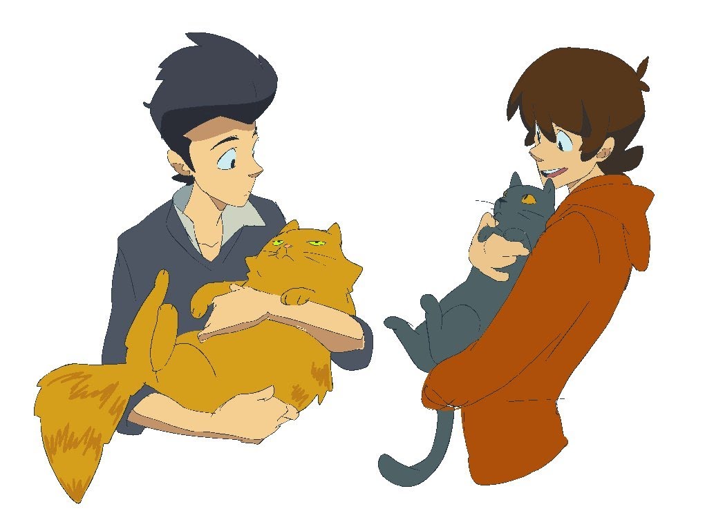 two cartoon men are holding cats. the man on the left has an orange cat and the man on the right has a black cat. they are both smiling and seem happy. the background is white.