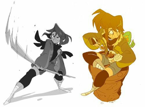 the image shows two cartoon girls, one with a sword and the other with food in her hand, drawn in an anime style.  the girl on the left has a sword and looks like a warrior. the girl on the right is sitting on a large container and eating.  both girls have long hair and are dressed in casual clothes. the image is drawn in a cartoon style and the lines are bold and expressive.