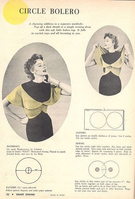 a vintage image featuring a sewing pattern for a circle bolero jacket. the image includes two photos of models wearing the bolero, a diagram of the pattern pieces, and detailed instructions for cutting and sewing the garment. the bolero is described as a "charming addition to a separates wardrobe" and is intended to be made from jersey fabric. the image also lists the materials needed and mentions the brand of thread and fasteners recommended.