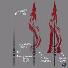 a digital drawing of a concept for a spear weapon on a gray background. there are three stages of the spear drawn, with labels to show the different forms and abilities. the spear has a black shaft with a red blade that seems to be formed from blood. there are notes written on the drawing describing the weapon.
