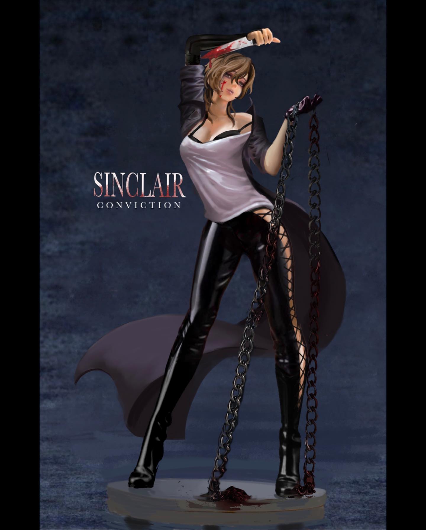 this is a digital painting of a female figure in a cyberpunkstyle outfit with chains, a knife, and blood splatter. she is standing on a platform, looking at the camera with a serious expression. the background is blue. the text "sinclair conviction" is displayed below the image.