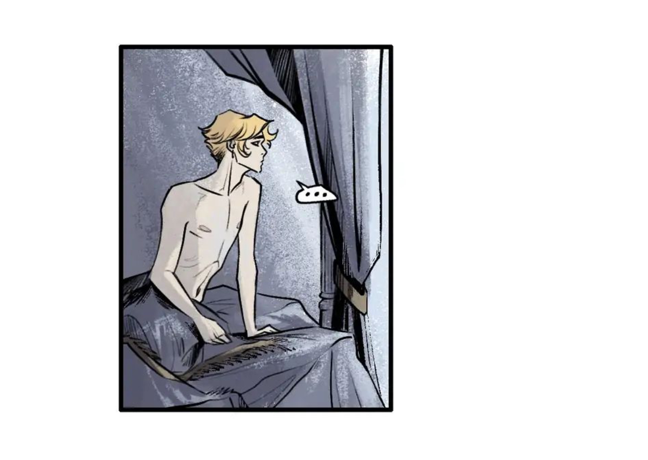 a black and white sketch of a young man in bed. he has his back to the viewer and is looking off to the left, towards a window that’s mostly obscured by a curtain. there’s a thought bubble above his head, left blank.