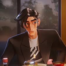 a 3d rendered image of a young man with stylized features sitting in what appears to be a restaurant. he wears a black jacket over a white shirt with a prominent silver necklace. the background suggests an upscale establishment, likely japanese with visible wooden elements. the lighting is soft and atmospheric, casting subtle shadows on his face. the man's expression is serious and contemplative.