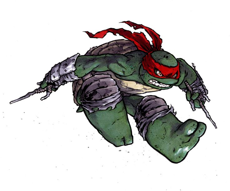 a cartoon drawing of a teenage mutant ninja turtle, raphael, in action. he is wearing his red mask, carrying katanas and sais, and he is leaping through the air, midfight.  his eyes are narrowed in focus, as he appears to be concentrating on his attack. the illustration is done in a comic book style, with bold lines and bright colors. the background is white, emphasizing the turtle's action and movement.