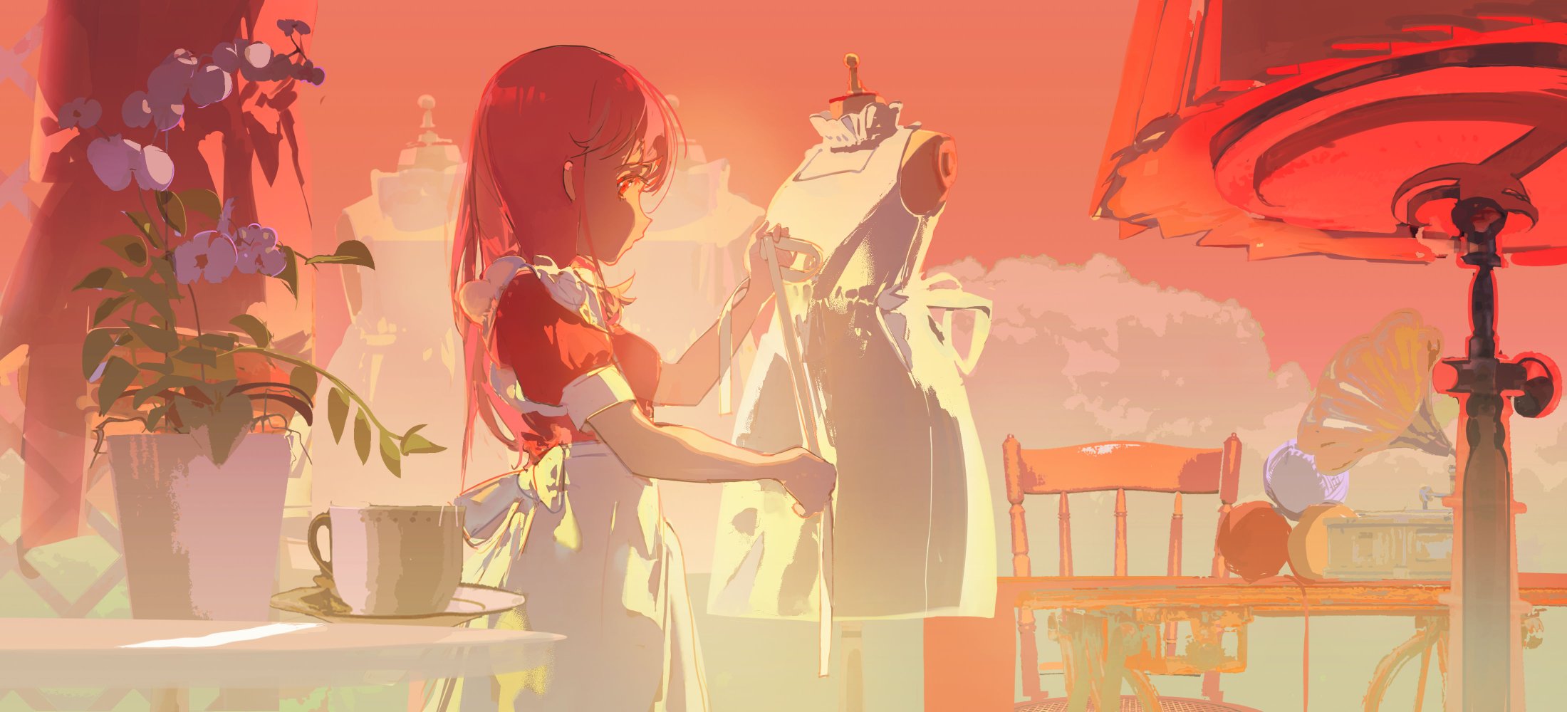 this is a beautiful, dreamy anime illustration of a girl in a red dress and white apron standing beside a mannequin dressed in a white dress. the girl is holding a white ribbon and has a pensive look on her face. the background is a sunset with soft, warm lighting. there are some details in the background such as a pot with flowers, a table with a cup and saucer, a chair, and a gramophone. the overall image is very peaceful and romantic.