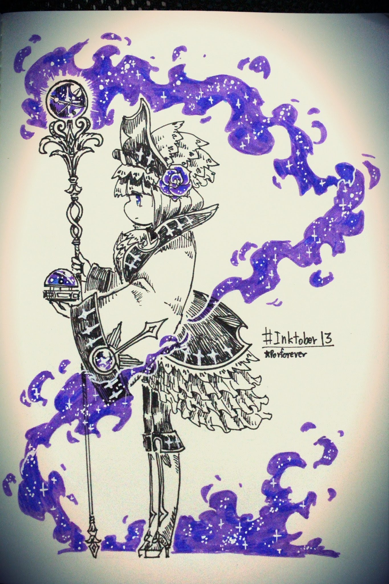 a black and white ink drawing of a character in a cape holding a staff with a glowing orb at the top. the character is standing on a purple galaxylike ground and has a rose in their hair. the background is filled with purple galaxylike smoke. the drawing is labeled with "#inktober 13" and "forever" in the bottom right corner.