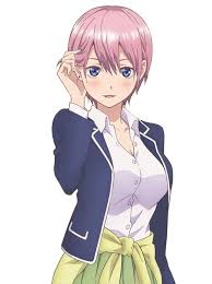 an anime girl with pink hair and blue eyes is wearing a school uniform. she is looking at the viewer with a slight smile. her hand is near her face. the school uniform consists of a white shirt, a blue blazer, and a green skirt with a yellow bow. this is ichika nakano from the anime series "the quintessential quintuplets".