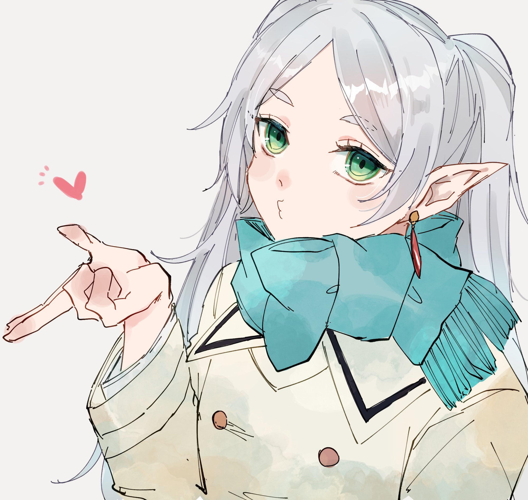 a digital illustration of an anime girl with white hair and green eyes. she is wearing a white coat and a turquoise scarf. she is pointing with her left hand and a small pink heart appears in the upper left corner.  she has elf ears and is looking to the right side of the image. the background is white.