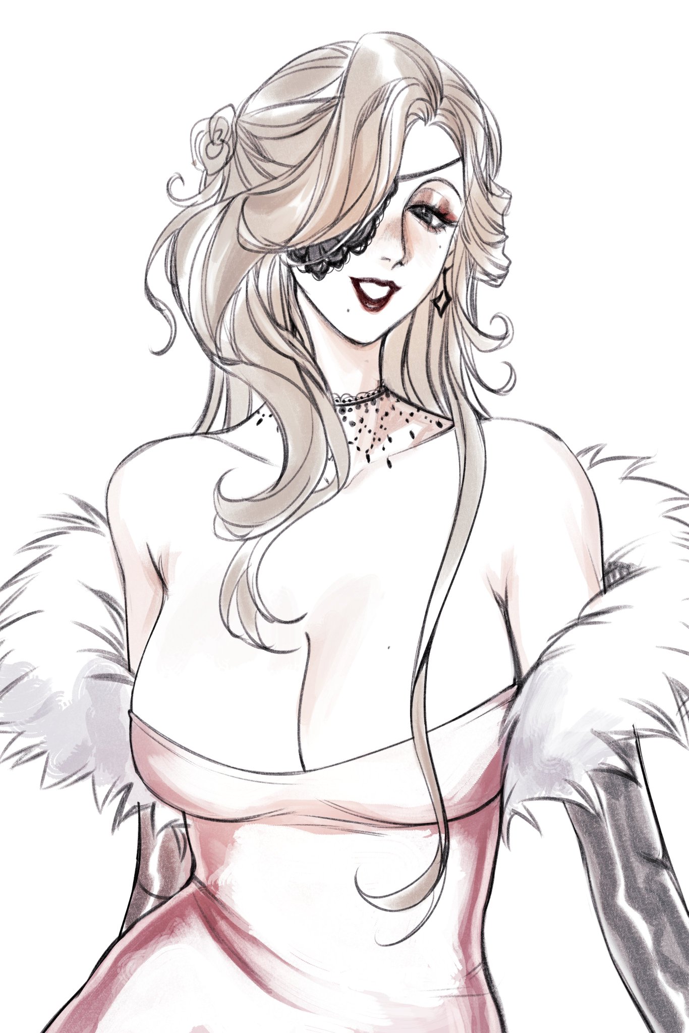 a digital illustration of a woman wearing a pink dress with a fur coat, an eyepatch, and a black choker. she has blonde hair and a confident smile on her face. the woman is posed in a
