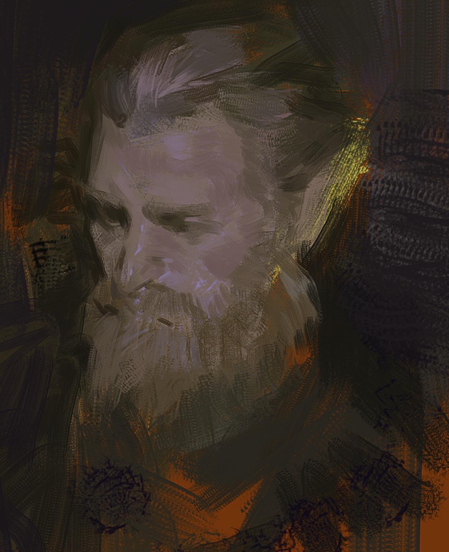a digital painting of an old man's portrait. the image is painted in a stylized way, with loose brushstrokes and abstract textures. the man's face is weathered and shows signs of age. his eyes are closed and he has a thoughtful expression on his face. he is wearing a dark shirt. the background is dark and blurry. the painting is filled with a sense of sadness and contemplation.