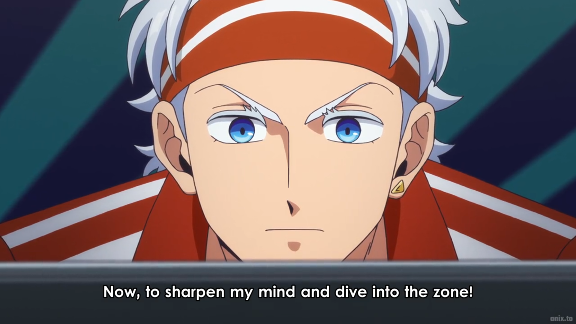 a closeup illustration of an anime man with white hair and blue eyes. he is wearing a red and white tracksuit and headband. he appears determined and focused, as if he is about to compete in a sports match. the background is a stylized blue and turquoise pattern.  the text "now, to sharpen my mind and dive into the zone!" is displayed at the bottom of the image.