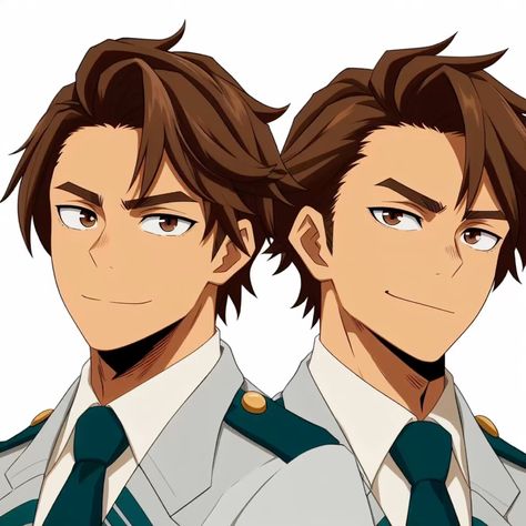 the image shows a drawing of identical twin men in anime style. they both have brown hair and eyes and are wearing a white and teal uniform with green ties.