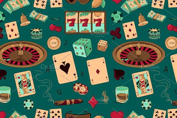 the image shows a repeating pattern of casino and gambling themed elements such as roulette wheels, a slot machine with triple sevens, playing cards with aces, kings, jacks, and queens, dice, poker chips, stacks of money, cigars, whiskey glasses, cherries, a bell, a lemon, and the suits of playing cards (hearts, spades, clubs, and diamonds). the background color is a dark teal.