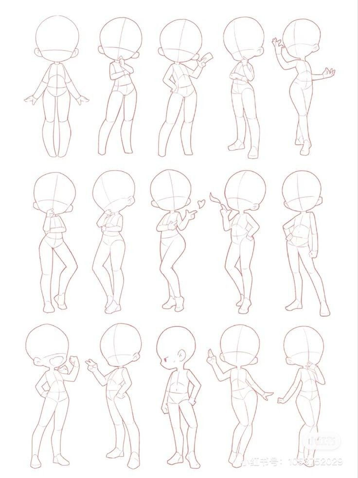 the image contains a collection of twenty chibi character bases in various poses. these bases are simple line drawings outlining the basic shapes and postures of female chibi figures, serving as templates for artists to draw upon.  the poses are diverse, ranging from standing and walking to more dynamic actions and expressions. they are presented in a clean, organized grid format suitable for easy reference and use in creating chibistyle artwork.
