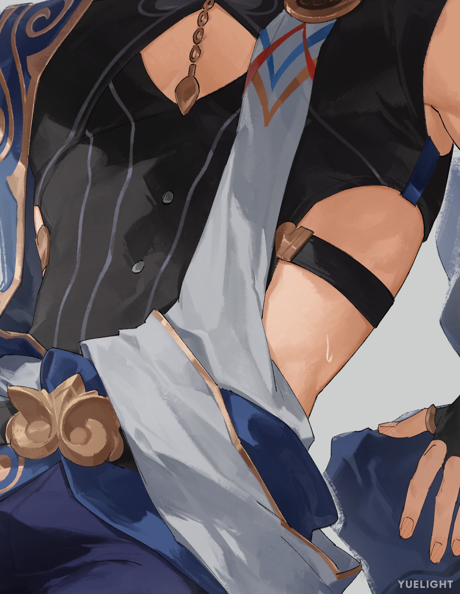 the image is a detailed closeup digital fanart piece showcasing a male character's torso and arm, styled in the manner of genshin impact characters. the character wears a dark, intricately designed outfit with gold and blue accents.  the clothing features a layered look, with a visible inner garment, a flowing outer cloth, and various gold embellishments and straps.  the artist's signature "yuelight" is visible in the bottom right corner.  the style is highly polished and detailed, reflecting an animeinspired aesthetic. the focus is on the texture and design elements of the clothing and the character's physique.