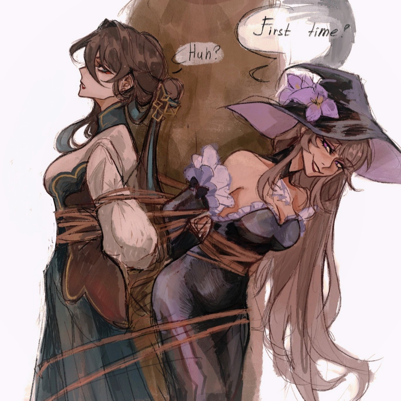 the artwork depicts two female characters in a fantasy setting. one, with long brown hair styled up,  wears a teal and brown dress. she appears somewhat surprised or unimpressed. the second character, sporting a witchlike hat adorned with purple flowers and a long flowing purple dress, has her arms tied with rope along with the first girl. she holds a smirk suggesting playful mischief or dominance. the artwork has a soft, painterly quality with visible brushstrokes. the background is a muted earth tone.  a speech bubble above the witch's head reads "first time?", and another bubble next to the other girl says "huh?". the overall mood is a blend of playful danger and fantasy intrigue.
