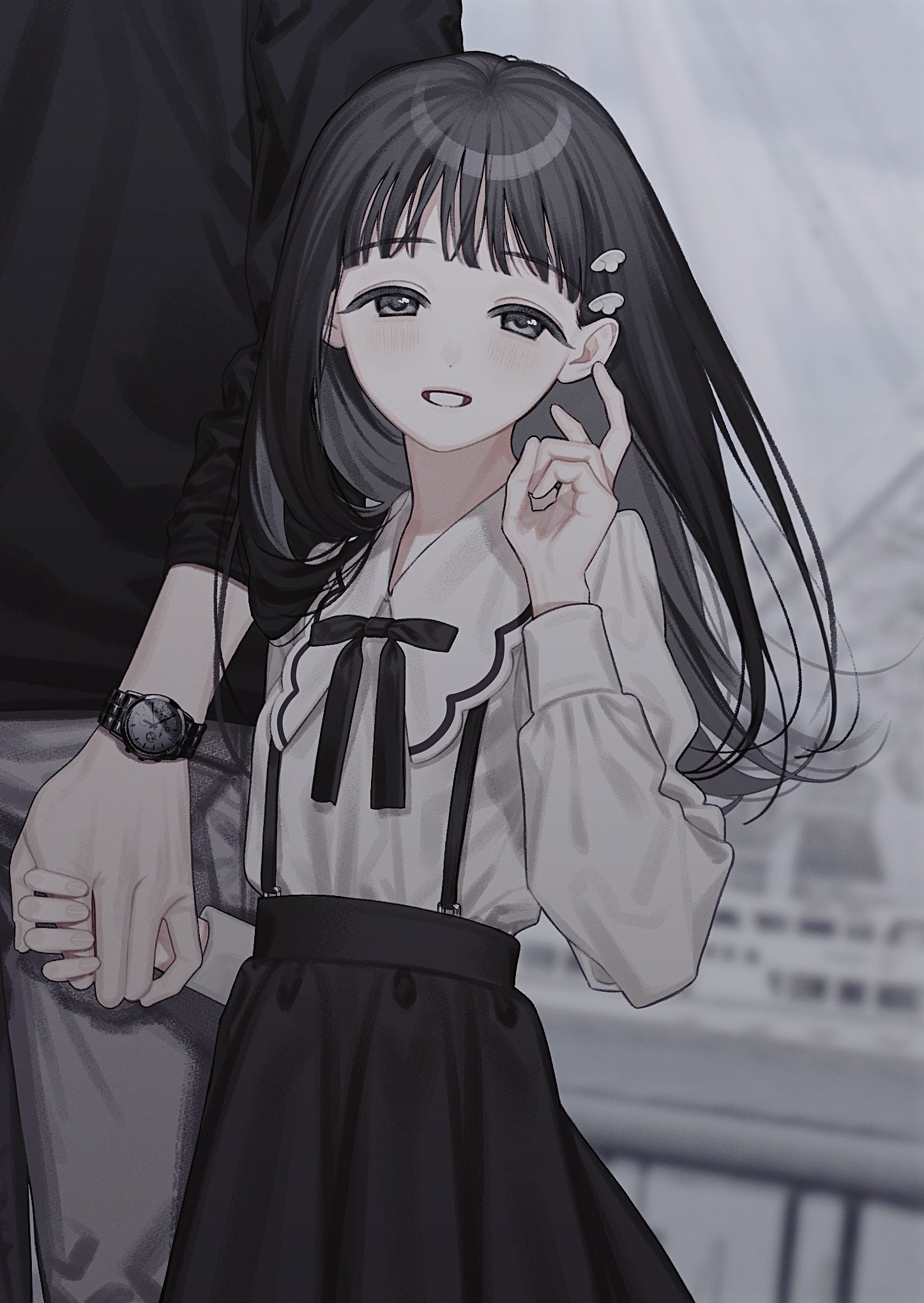 the image is a digital illustration of a young anime girl, dressed in a darkcolored school uniformstyle outfit (a black skirt and a white blouse with a black bow) holding hands with someone whose body is partially obscured but seems to be another person. the art style is minimalist, with a predominantly grayscale color palette that lends the image a slightly melancholic yet romantic feel. the setting appears to be an urban environment; however, the background is somewhat blurred and nondescript. the girl has long, straight black hair and is shown with a gentle, sweet expression.  the overall mood is one of quiet intimacy and affection between a couple.