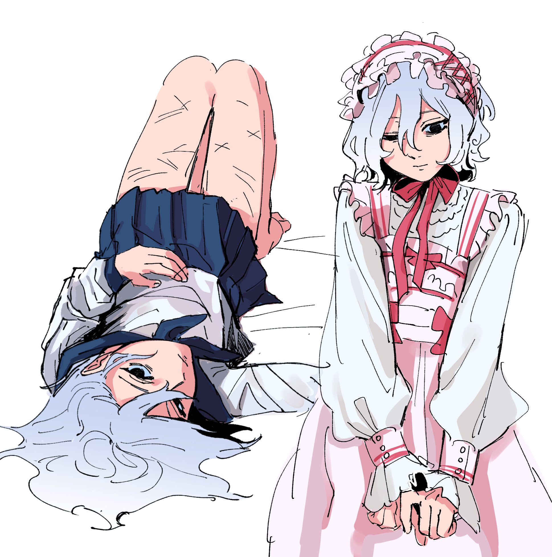 the image is a digital drawing or illustration featuring two animestyle female characters. one girl is lying on her back, seemingly injured, indicated by scars on her legs and a slightly distressed expression. she's wearing a sailorstyle school uniform. the other girl is sitting upright, wearing a pink and white lolitastyle dress.  both girls have pale skin and light blue hair. their expressions are rather subdued and unemotional. the art style is loose and sketchy, with visible linework and shading. the overall mood is melancholic.