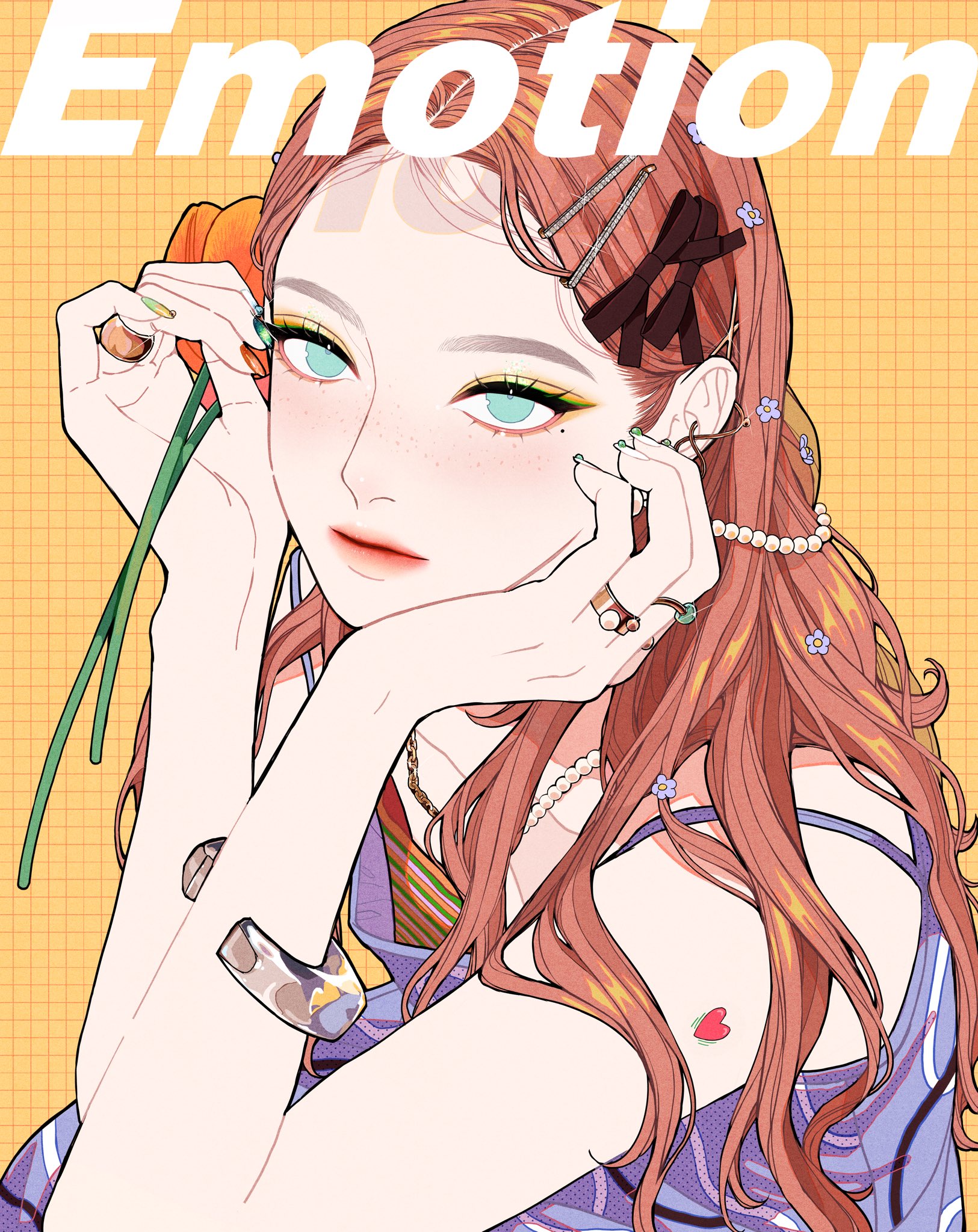 an illustration depicts an anime girl with long reddishbrown hair adorned with hair clips and small purple flowers. she has fair skin, freckles, and striking blue eyes with yellow eyeshadow. she is wearing rings, a pearl necklace, and a bracelet. in her hands, she holds an orange flower. the background is a yellow grid pattern. the word "emotion" is written in white at the top of the image. she has a heart tattoo on her left shoulder. she is wearing a sleeveless top with blue and purple patterns.