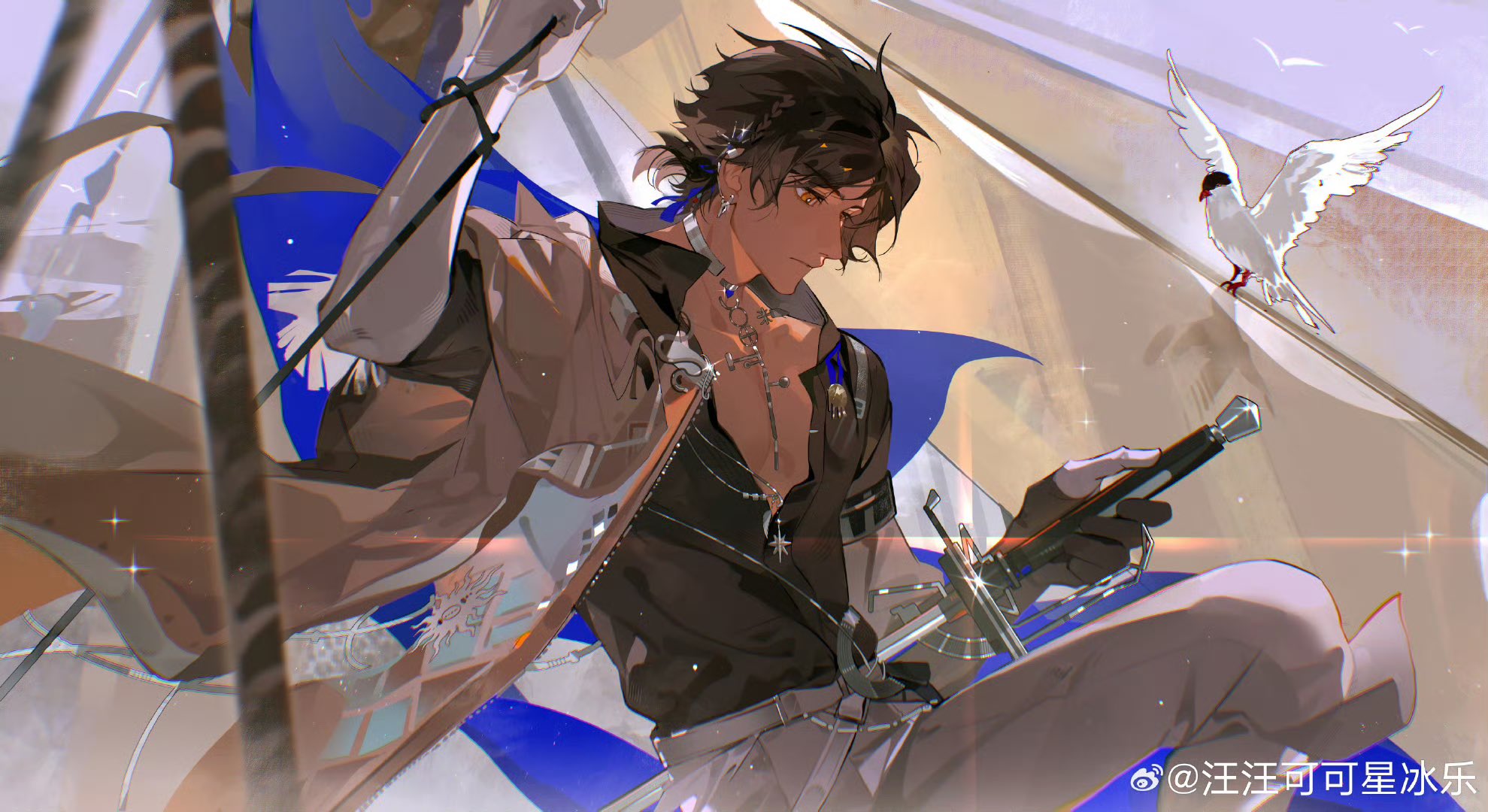the image is a digital painting of an animestyle male character. he has dark brown hair, tan skin, and is wearing a stylish outfit that includes a tan jacket, dark shirt, and gray pants. he is holding a sword and is posed in a dynamic way, suggesting movement and action. the background features a sail of a ship and a white bird. the overall style is vibrant and colorful. the artist's watermark is visible in the bottom right corner.