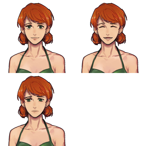 the image shows a sprite sheet or set of character portraits featuring a young redhead woman in a green bikini top.  she displays four different facial expressions: neutral, happy (smiling with closed eyes), sad (slightly downturned mouth), and neutral (slightly less intense than the first).  the background is black, highlighting the character. the art style is reminiscent of anime or cartoon illustrations.  each portrait is a bust shot, showing the character from the chest up.