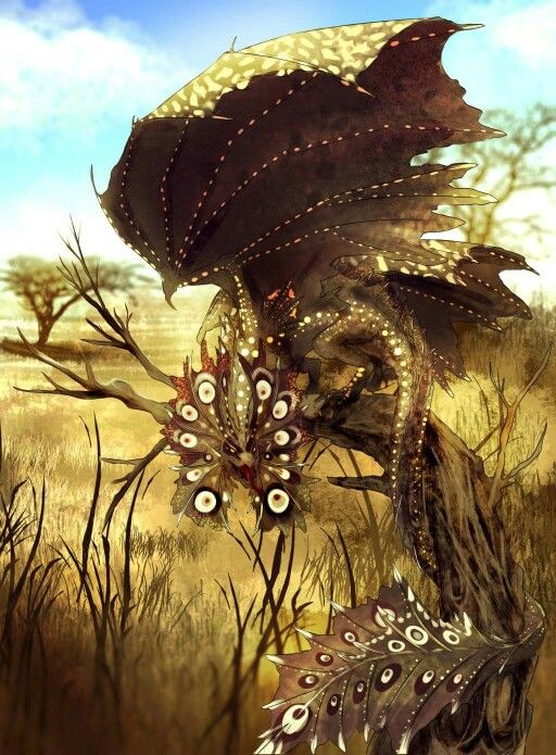 an illustration of a dragon with butterflylike wings and peacocklike feathers with eyespots, perched on a dead tree in a savanna landscape. the dragon is brown with white spots, and its wings have dark brown stripes with white spots along the edges. the landscape is golden brown with tall grass and a few trees in the background. the sky is blue with some clouds.