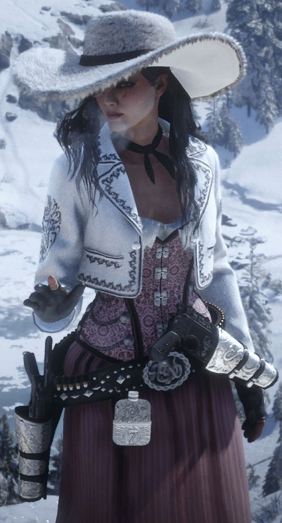 the image shows a detailed closeup of a female character from the video game red dead redemption 2. she is dressed in a stylish western outfit appropriate for cold weather.  the character wears a large, widebrimmed, lightgrey fur hat, a white embroidered jacket over a pink patterned corset, a decorative gun belt with a holster and bandolier, and dark gloves.  she's standing in a snowy mountainous landscape with trees in the background, suggesting a cold winter setting. the character's attire is highly detailed, showcasing the level of customization available in the game.  the overall aesthetic is that of a sophisticated and stylish cowgirl.