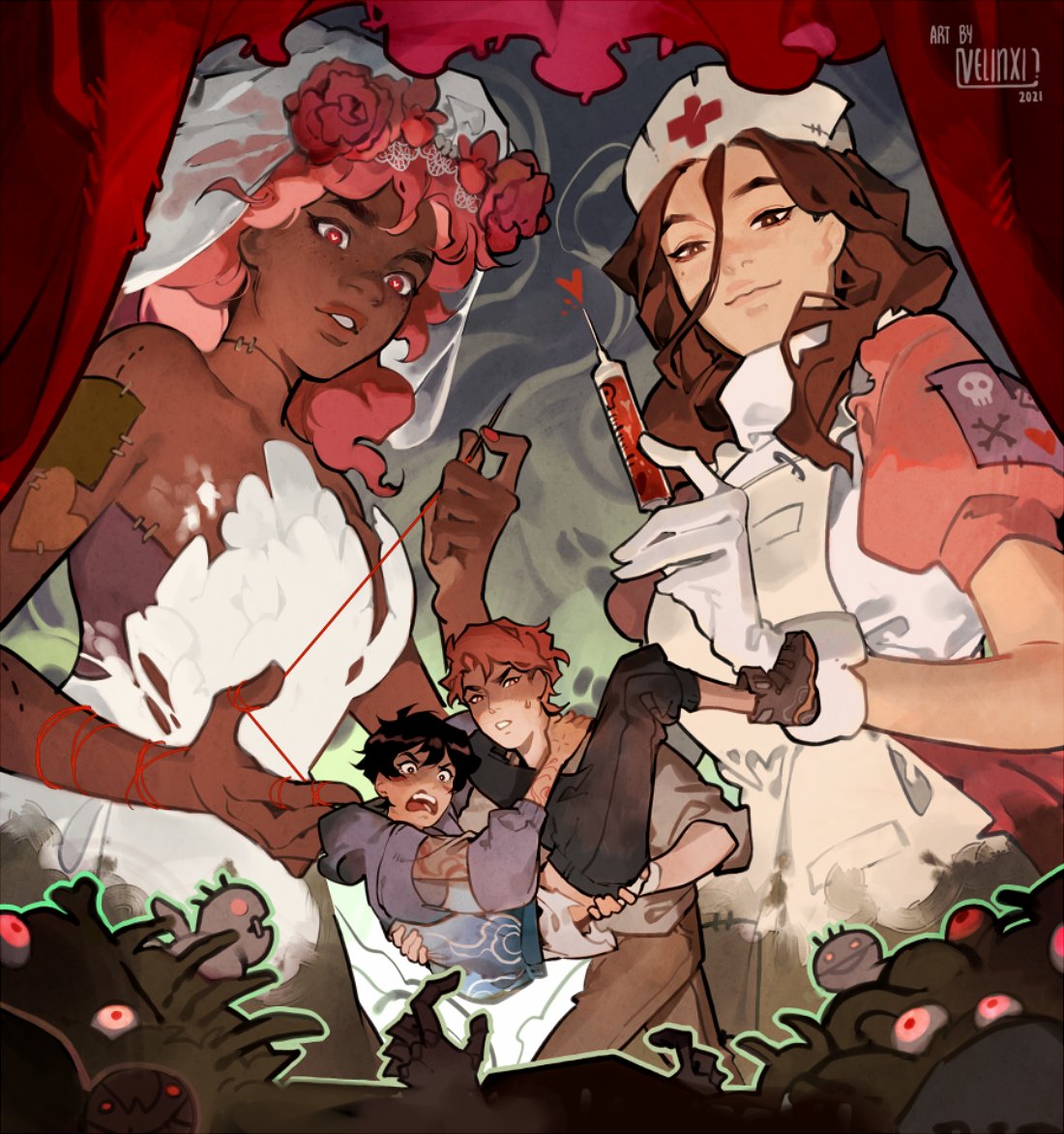 illustration of a zombie bride with pink flowers in her hair and a nurse with a syringe are flanking two young men who appear to be frightened and being held; one is being carried over the shoulder of the other. a horde of monsters with red eyes are below, attempting to reach them. red curtains are at the top of the image, indicating a stage. the zombie bride is holding a needle and red thread. the nurse is holding a syringe filled with a red liquid. the overall tone of the illustration is one of horror, danger, and rescue.