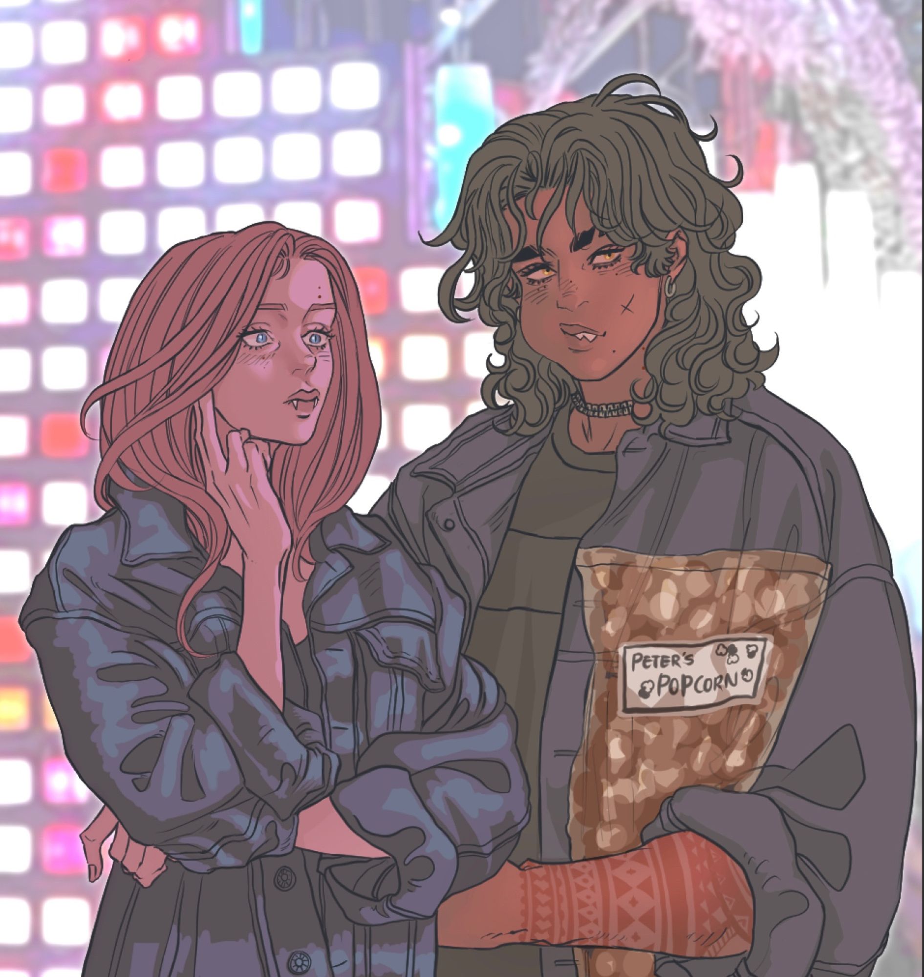 a digital illustration of a couple standing close together at night. the female has red hair and pale skin with a hand to her face as she looks to her left. the male has olivegreen hair and darker skin with visible fangs and a small scar on his right cheek, and he is holding a bag of "peter's popcorn". they are both wearing jackets, and there is a city backdrop with bright lights behind them.