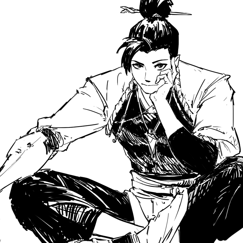 he image is a black and white sketch of a young asian man with dark hair styled in a topknot. he's wearing loosefitting, stylish clothing that appears to be inspired by east asian fashion, and he's sitting with one hand resting on his chin. his expression is one of quiet confidence and elegance. the style of the art is reminiscent of manga or anime, with bold lines and shading creating depth and texture. the overall feel is sophisticated and detailed, suggesting the artwork is part of a larger graphic novel or comic book.