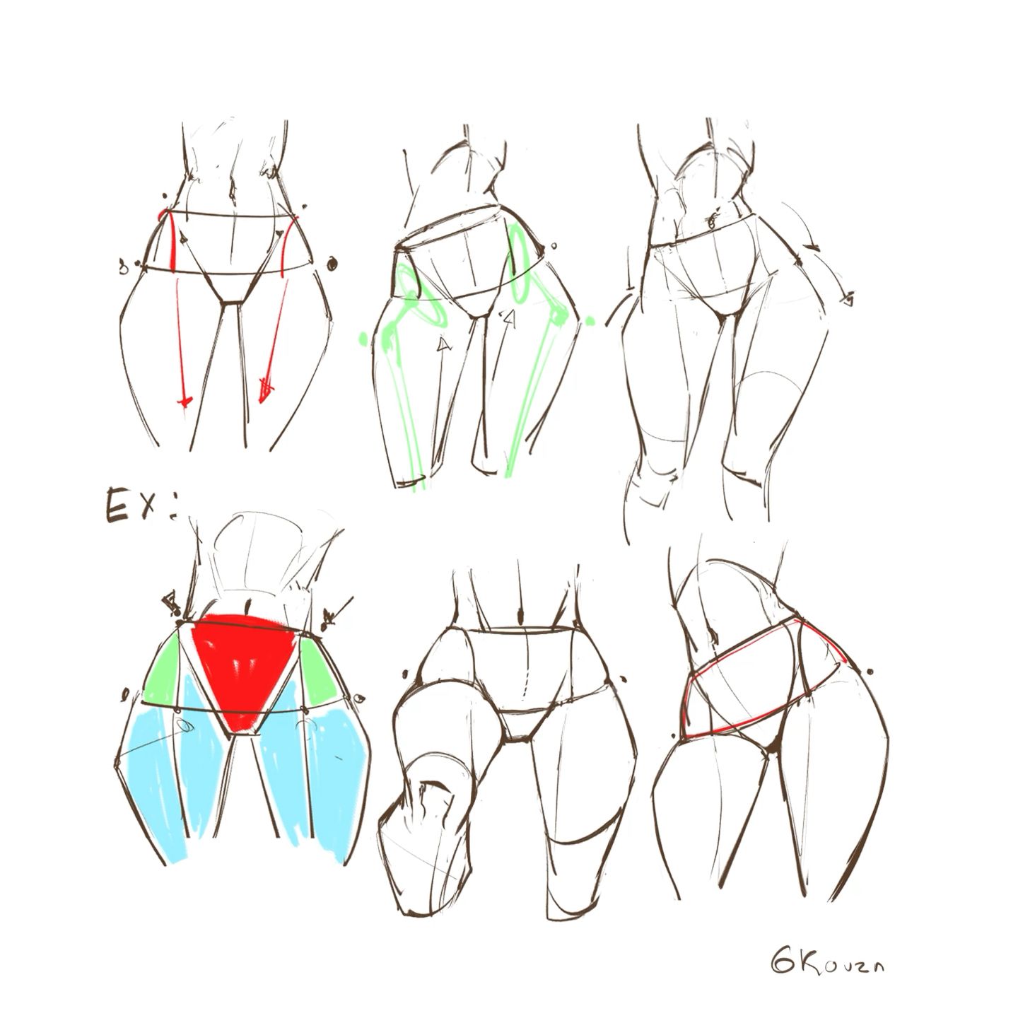 the image is a sketch page featuring several different poses of a female figure from the waist down, focusing on the hips and thighs. the sketches are line drawings with some areas shaded or highlighted for emphasis, and include arrows to indicate the direction of the forms.  there are also some anatomical guidelines included to help understand the underlying structure of the body.