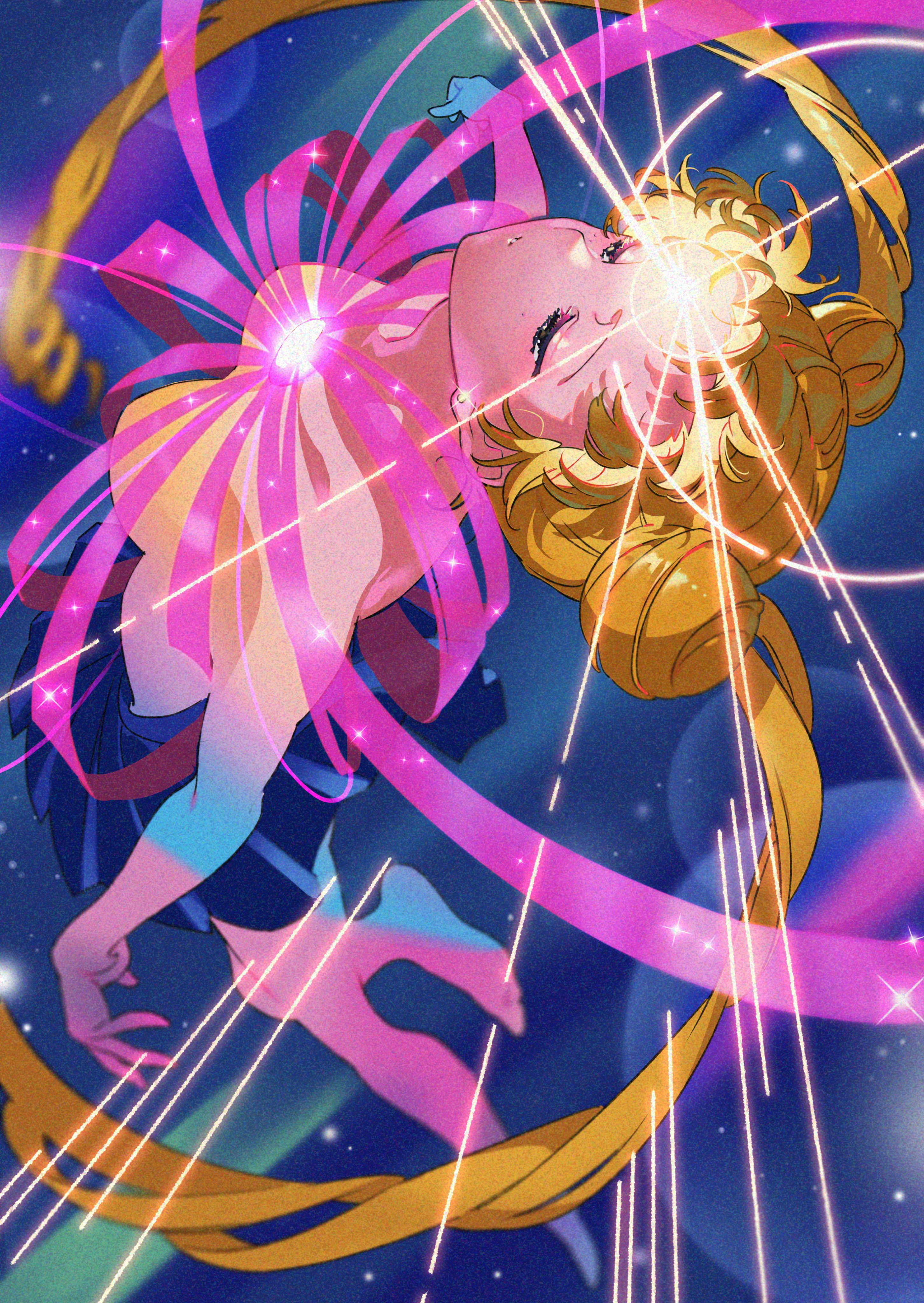 the image shows a young woman with long blonde hair, floating in a dynamic pose against a backdrop of a starry night sky. she is in the middle of a magical transformation, as indicated by the bright light emanating from her body and the swirling ribbons of energy surrounding her. her outfit features a sailorstyle top and a large bow, suggesting she is a magical girl character. the art style is reminiscent of anime and manga.