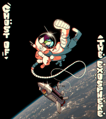the image depicts an astronaut tethered to a damaged rocket, floating in space against the backdrop of earth. rendered in a retro comic book style, the astronaut appears to be in a perilous situation. the text "ghost of" and "the exosphere" frame the image, hinting at a narrative of space exploration and possible loss. the color palette is muted, with pops of red and orange on the astronaut and rocket, emphasizing the danger of their predicament.