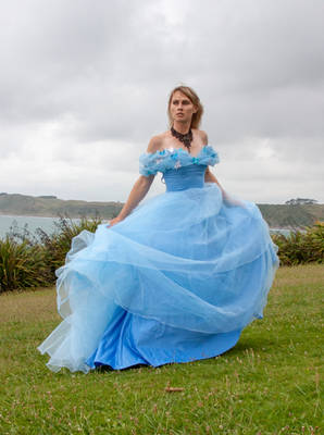 a woman in a beautiful light blue cinderellastyle ball gown stands on a grassy hill overlooking a calm body of water. the dress is voluminous, made of tulle, with an offtheshoulder neckline and delicate flower appliques. the sky is cloudy, adding a dreamy atmosphere to the scene.  the woman is posed elegantly, her dress flowing around her. the overall feel of the image is romantic and fairytalelike.