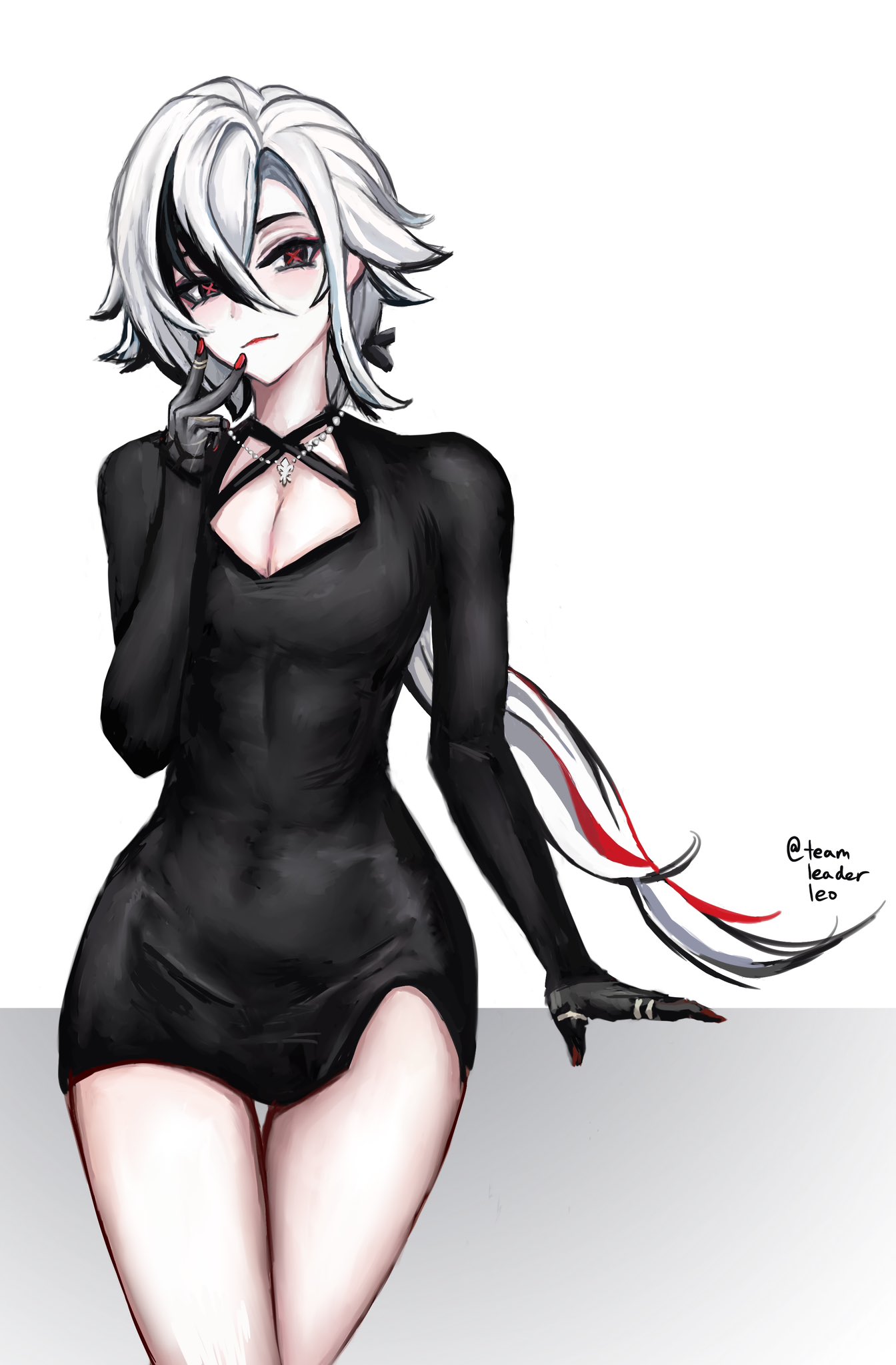 an anime girl with white hair and red eyes is wearing a black dress. she is looking at the viewer with a slight smile. her hand is on her chin. she is wearing gloves. the background is white. the image is a digital illustration.