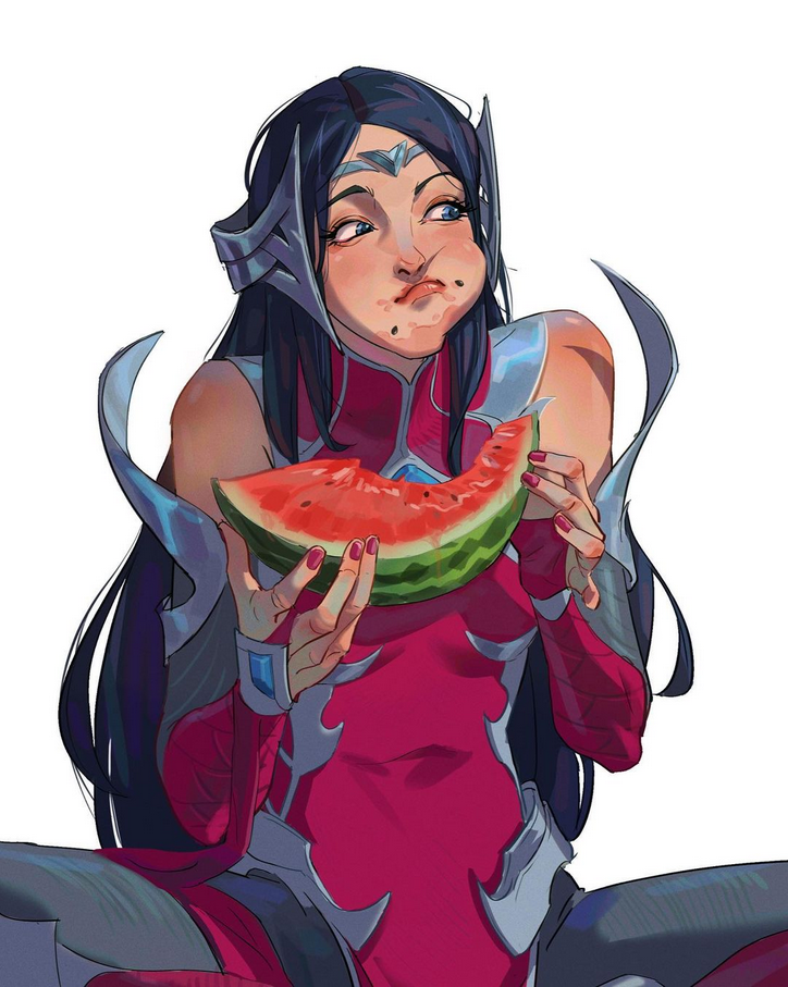 a digital illustration of a female anime character. she has long black hair, wearing a red and silver warrior suit, holding a slice of watermelon in her hand. the background is white.