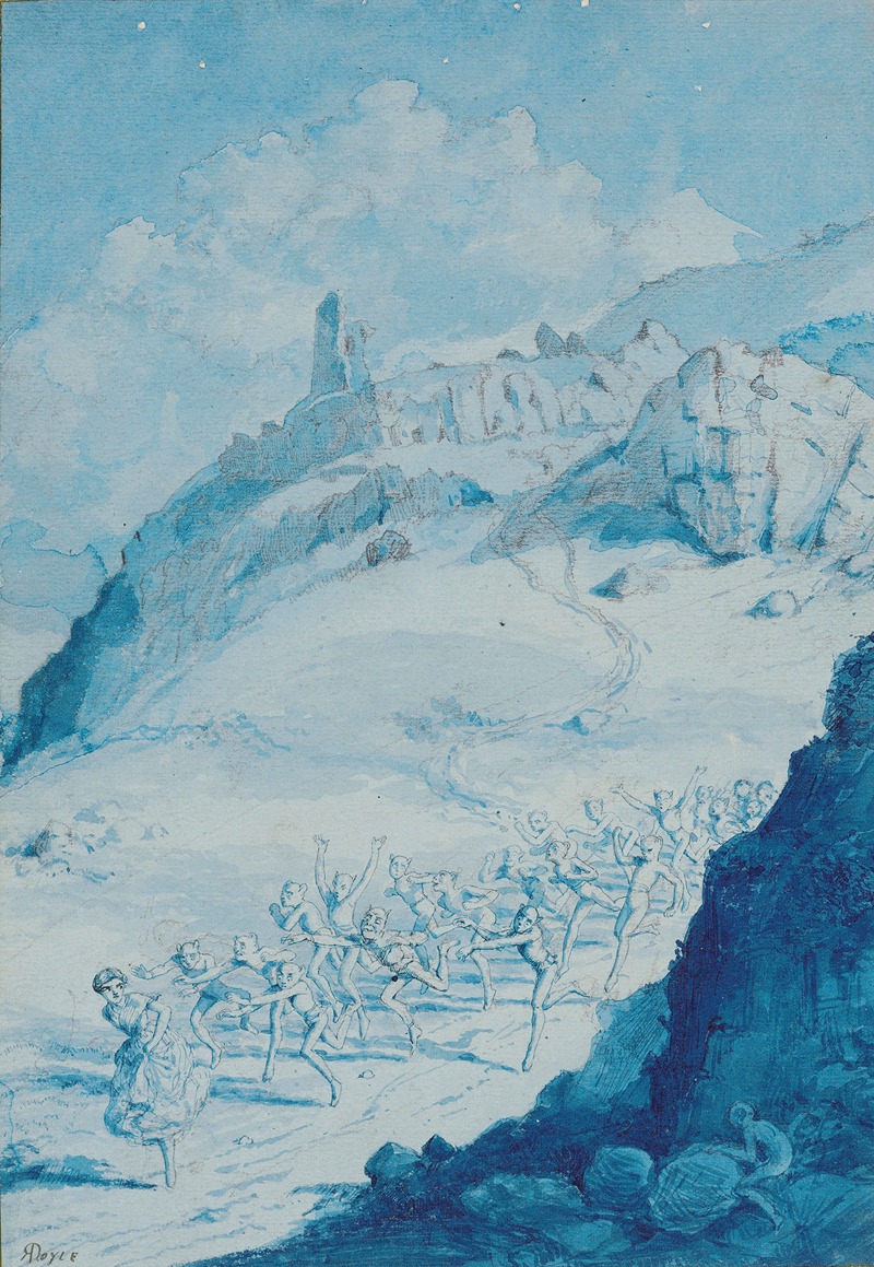 a blue monochrome painting depicts a surreal mountain landscape under a starry sky. a crowd of figures, possibly dancers, moves along a snowy path leading towards a rock formation with a tower on top of the mountain. the sky is filled with clouds and stars. the foreground contains rocky terrain and figures near a cliff. the overall atmosphere is mystical and ethereal.