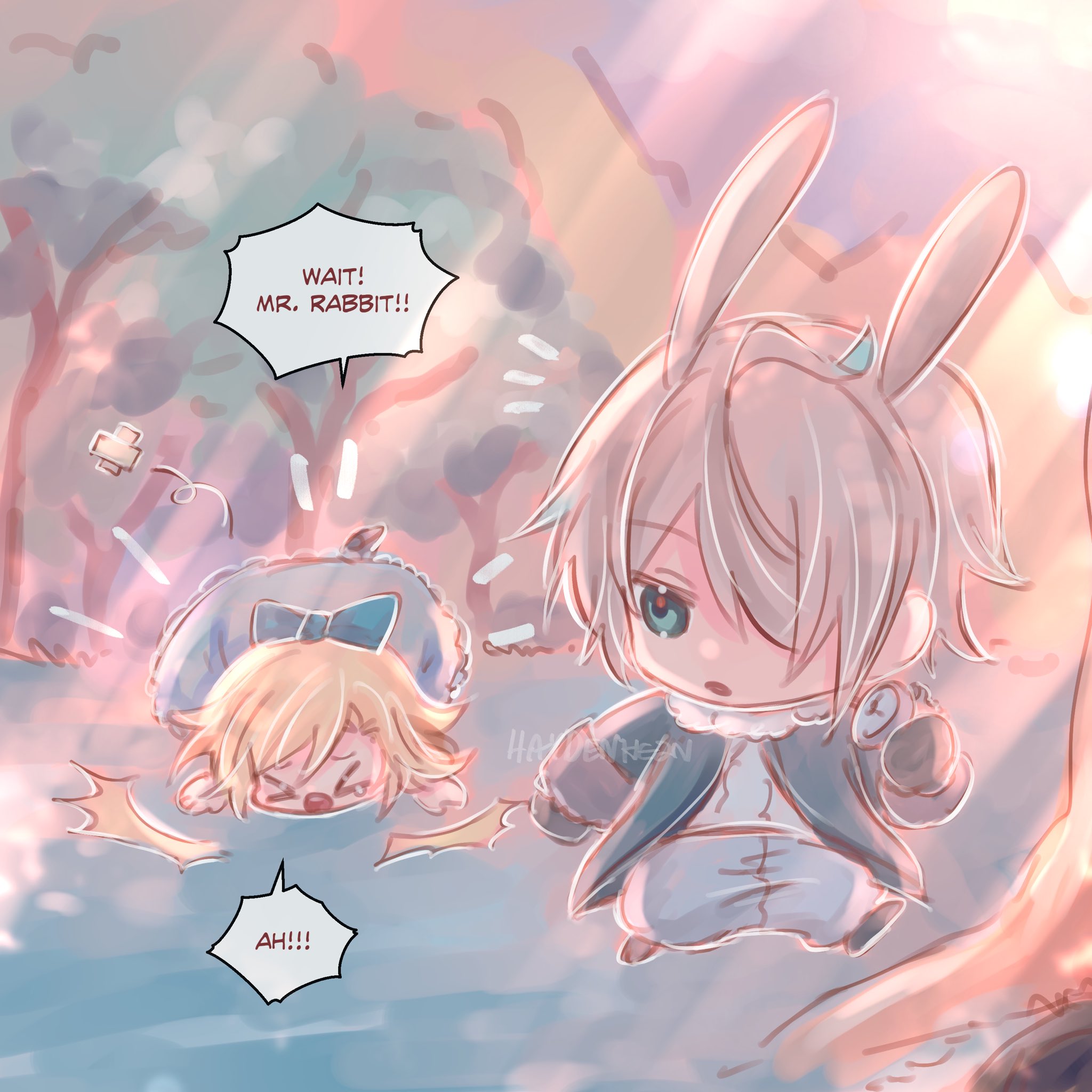 an illustration of alice from alice in wonderland being chased by a white rabbit, who has a pocket watch and looks like a boy. they are both in the forest and alice has fallen down.  alice is wearing a blue and white dress, and the white rabbit is wearing a blue jacket and white pants. the white rabbit has long white ears. the scene is animated in a very cute way, and both alice and the white rabbit are cartoonlike and small.  alice has fallen to the ground and is holding her head. the white rabbit has stopped running and is looking at her. they both look surprised and scared.
