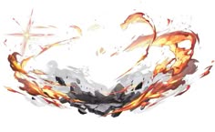 a swirling, dynamic illustration depicting a fiery explosion or impact.  the flames are vibrant and intense, with a sense of speed and motion, suggesting a powerful burst of energy.  the background is mostly white, highlighting the flames and creating a dramatic contrast. the image is abstract and stylized, with a digital and fantasy feel.