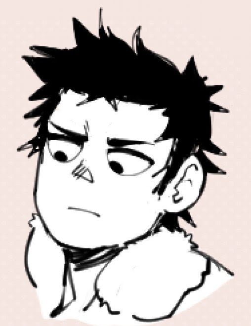 a black and white sketch of an anime boy. he has spiky black hair and is wearing a furry collar with a serious expression.