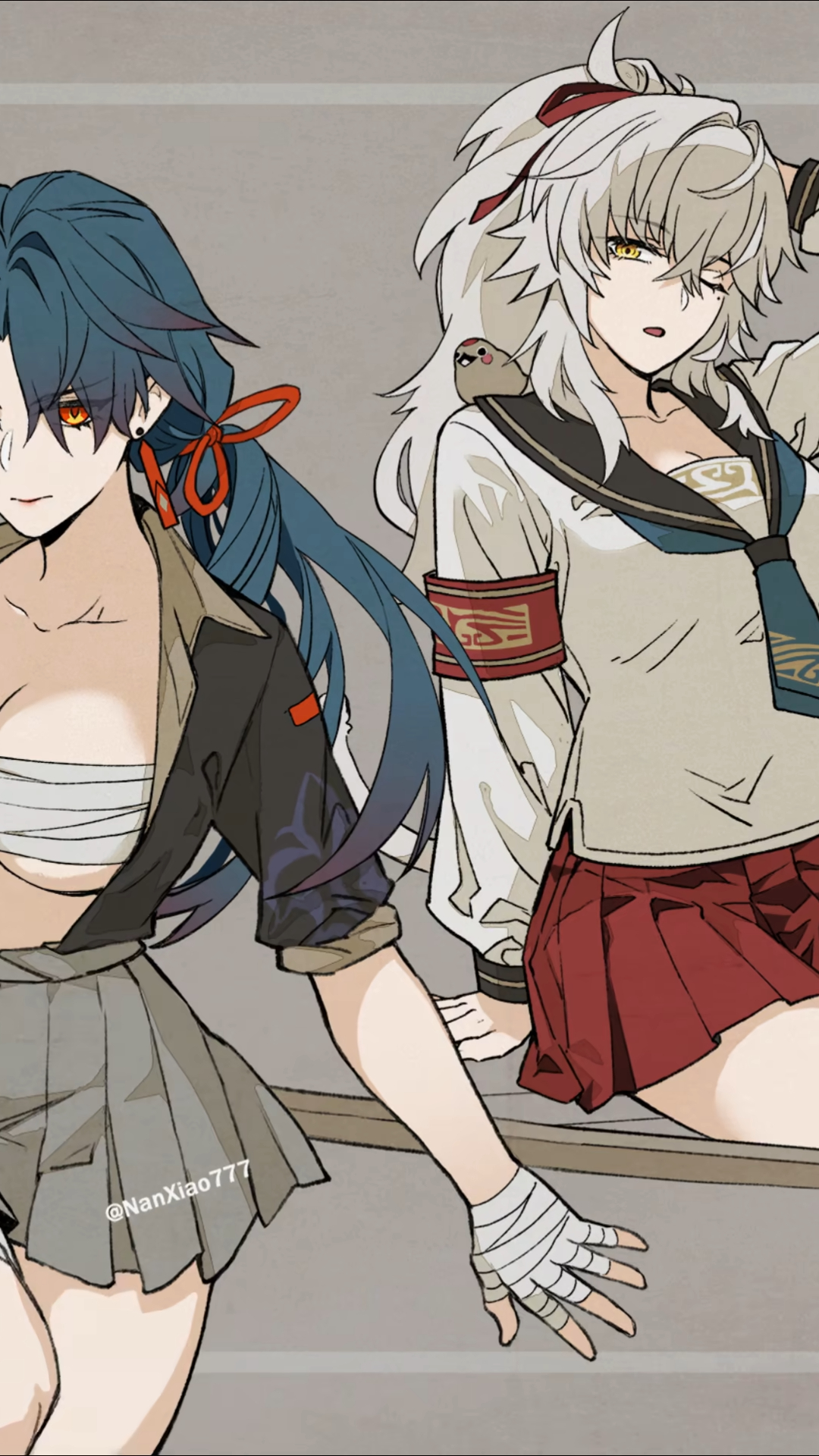 he image shows a drawing of two anime girls. one girl has long, flowing blue hair and a grey pleated skirt and is wearing a bandage on her chest. she is wearing a jacket with a tribalinspired pattern on the sleeves.  the other girl has long, white hair, a red pleated skirt and a white jacket with a beige top underneath and is wearing a school uniform.  a small bird sits on her shoulder.  the background is plain grey. both girls are looking towards the viewer. the style is reminiscent of manga and anime artwork.
