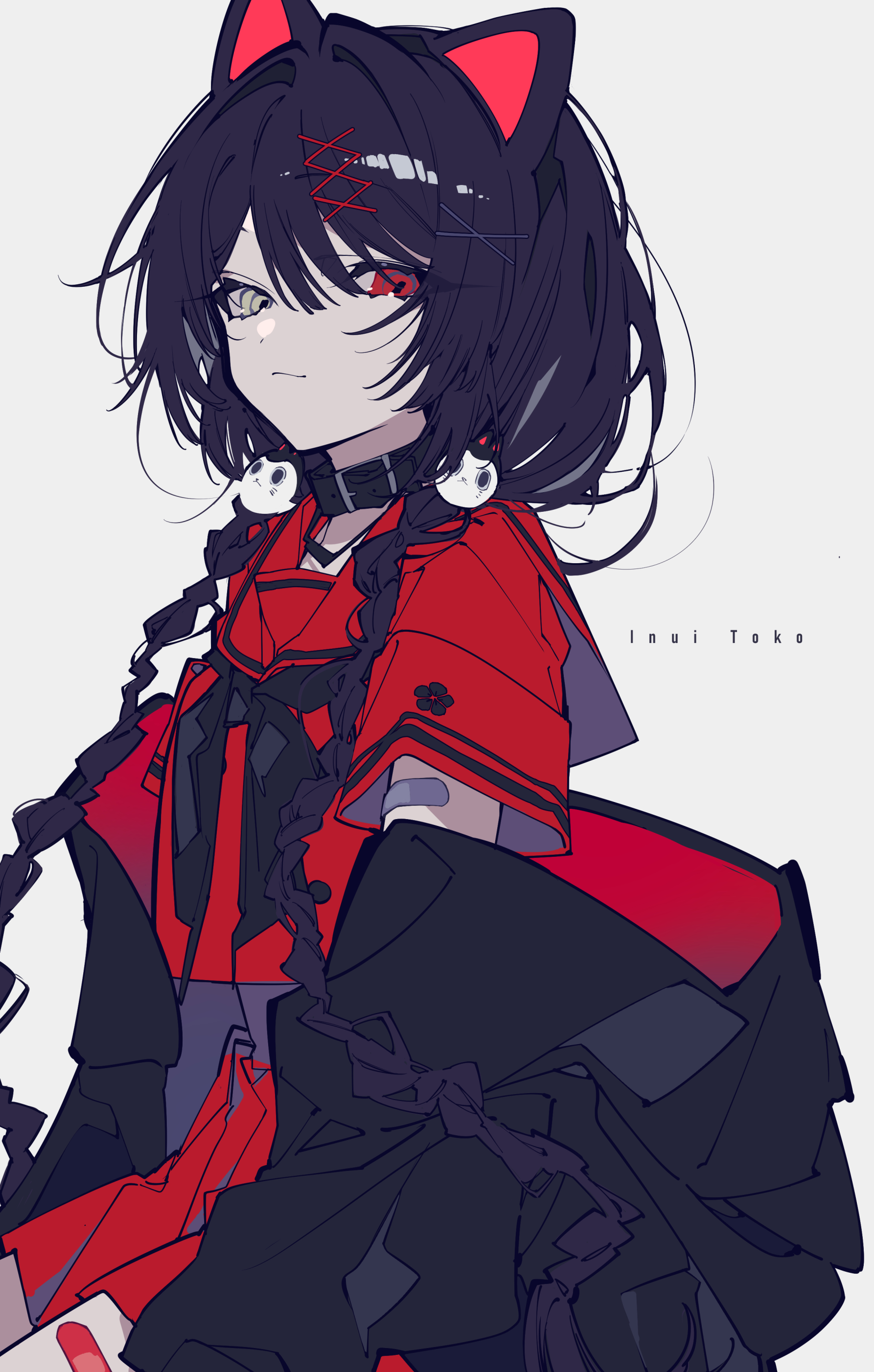 an anime girl named inui toko with cat ears, black hair in braids, a red eye and a light green eye, wearing a red and black uniform with a choker with skulls, and has crossed bobby pins in her hair.