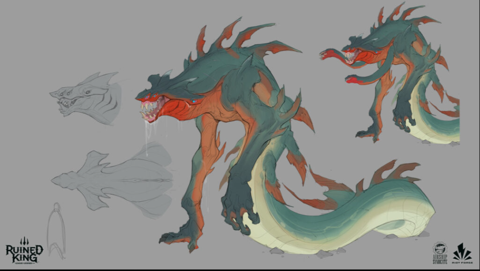 a concept art illustration of a fantasy creature from the video game "ruined king: a league of legends story". the creature is a monstrous serpentlike dragon, with a large mouth, sharp teeth, and a long, coiled body. the art is done in a stylized, cartoonish style, and features a variety of colors, including red, green, and yellow. the creature is shown in a variety of poses, with its mouth open and its eyes wide. the artwork appears to be part of a concept design for a video game.